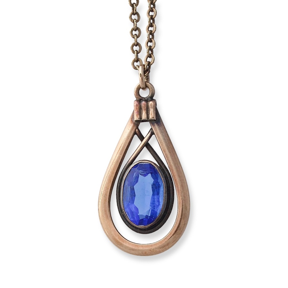 Vintage Simmons Blue Glass Teardrop Pendant Necklace Gold Filled Art Deco